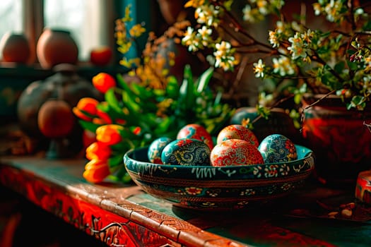 The eggs lie in a bowl that is hand-painted with folk designs. Easter decorations lying on the kitchen table. In the background you can see a bouquet of tulips lying on the table.