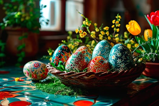 A mosaic is laid out on the countertop. A small wicker basket stands on the table. In the basket are Easter eggs. In the background you can see the window and potted flowers standing on the windowsill.