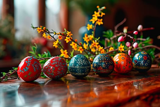 Red, yellow and blue Easter eggs lie in a row on the table. Behind the eggs is a sprig of forsythia. In the background, you can see a blurred window and a windowsill where flower pots stand.