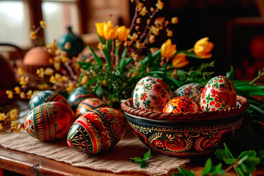 A hand-painted clay bowl with lots of Easter eggs in it. Many cut flowers can be seen in the background. Blurred background. Close-up of Easter decorations in a sunny kitchen.