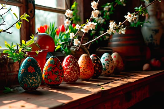 Sunlight from the window falls on the wooden sill. Plants in pots and colourful Easter eggs painted in intricate careful patterns stand there.