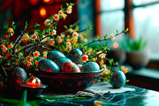 A small candle burns on the shiny kitchen counter. Colourful Easter eggs lie next to it. They are in a wicker basket. Next to the Easter eggs are a few sprigs with yellow flowers.