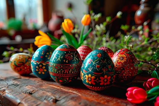 a wooden kitchen worktop illuminated by the sun's rays. Hand-painted Easter eggs and freshly cut flowers lie on the worktop. Easter decoration in the kitchen.