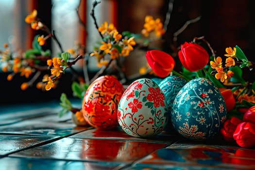 Red tulips and yellow forsythia lie on the kitchen counter by the window. Next to them are set hand-painted Easter eggs. The eggs are covered with folk designs.