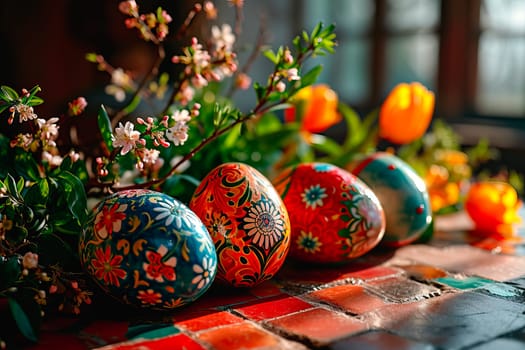 Close-up of hand-painted Easter eggs. The eggs have folk designs. Soft light shines from the window. Colourful cut flowers lie next to the Easter eggs.