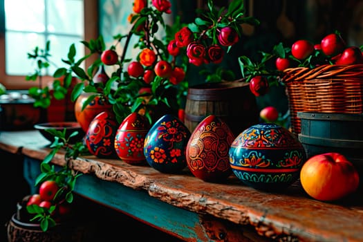 Easter decoration in the sun room. A room decorated in a country style. Folk decorations and Easter eggs on an old wooden table.