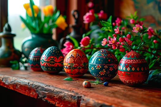 A wooden tabletop set with colourful Easter eggs and fresh flowers in old clay vases. Sunlight streams into the room.