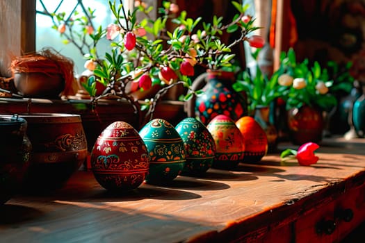The window is obscured by a blind. Old crockery and potted plants can be seen in the background. Colourful vases in folk designs standing on a sunny windowsill.