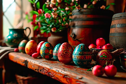 The hand-painted Easter eggs stand in an even row on an old wooden tabletop. Next to them lie fruit, wooden barrels and a vase of flowers. In the background you can see a window with lots of light streaming in.