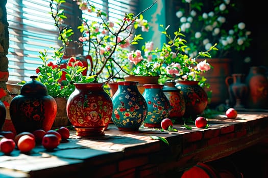Close-up of the windowsill, on which lie scattered fruits and colourful, hand-painted earthenware. The window is obscured by a blind. Old crockery and potted plants can be seen in the background.