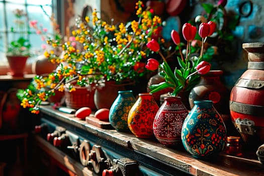 Hand-painted vases stand on an antique wooden table. In some of the vases are colourful cut flowers. In the background you can see a window, through which a lot of sunlight enters the room.