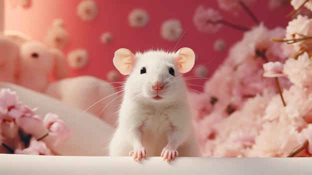 A small tame white mouse sits among flowers on a soft sofa in a luxury interior, rodent, Spring Easter portrait of a cute pet, Genereated AI