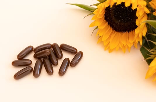 Top View Lecithin Supplement, Brown Softgel Pills on Beige Background with Sunflower Plant. Dietary Capsule or Herbal Supplement, Healthy Lifestyle. Horizontal Plane High quality photo