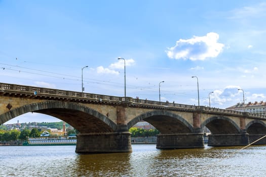22 May 2022 Prague, Czech Republic. View of the transport bridge over the Vltava River in Prague, Czech Republic.