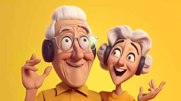 Animated elderly couple with headphones showing excitement and joy - Generative AI