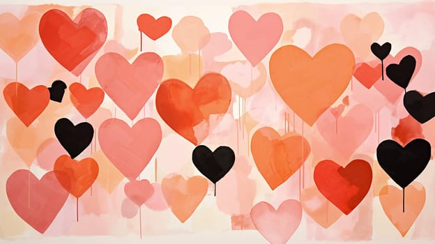 A vivid array of hand-painted hearts in shades of red and pink on a soft background - generative AI