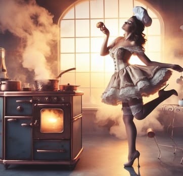 glamourous chef in steampunk kitchen with windiwn natural light cooking posing dancing singing illustration generative ai art