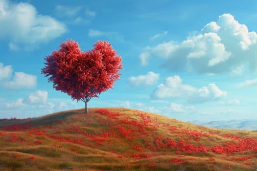 red tree of love in red flower field pragma