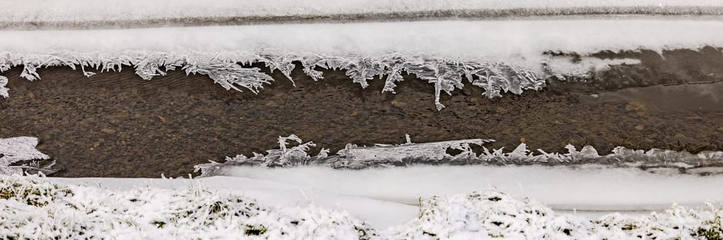 Panorama of water in a stream that is partially frozen over with ice