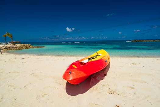 Active rest, sport, kayak. Canoe on a sandy beach