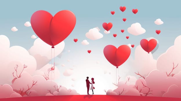 Beautiful young couple hugging, kissing celebrating St Valentine's Day with air balloons in shape of heart on white background