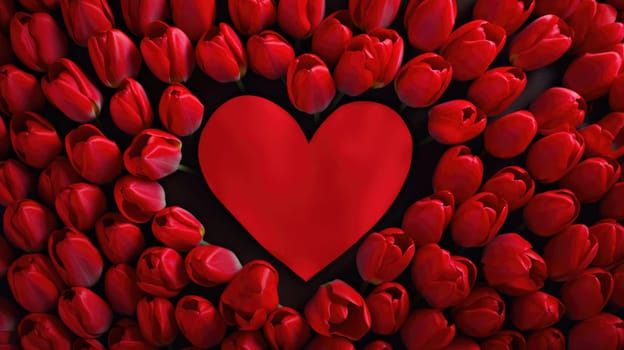 Red big heart mockup card surrounded by red tulips on black background. Top view image. Copy space.