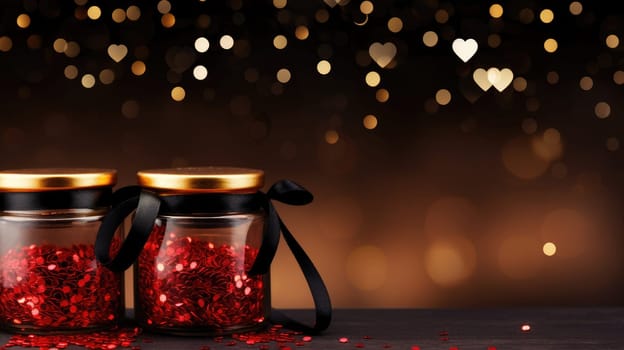 Close up of two glass jars with red glitter hearts on the table bokeh background. Valentine's Day background and texture