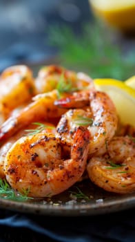 Close up of grilled seafood shrimp with lemon , spices and herbs.
