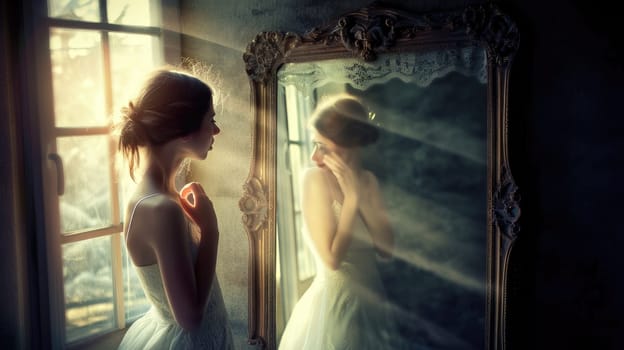 young woman looking herself in beautiful mirror pragma