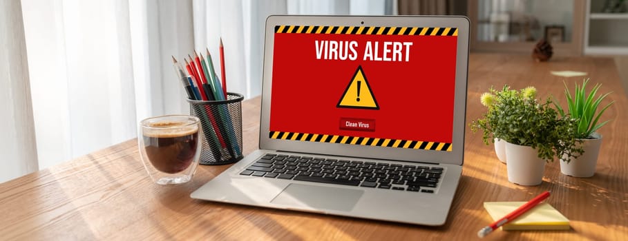 Virus warning alert on computer screen detected modish cyber threat , hacker, computer virus and malware