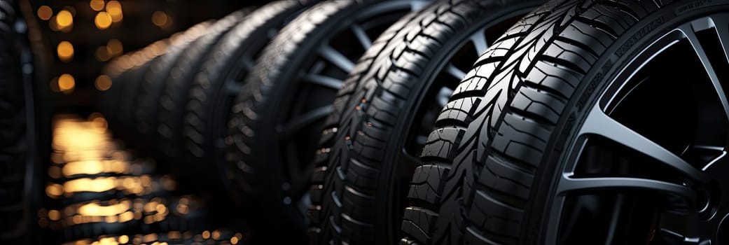 New black tires pile on a dark black background close-up. Tire fitting background with stack of car tires. Copy space. Generative AI