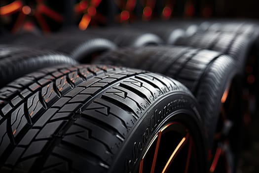 New black tires pile on a dark black background close-up. Tire fitting background with stack of car tires. Copy space. Generative AI