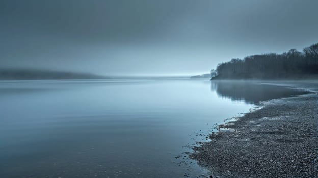 Tranquil coastline dusk. Copy space. Created using AI generated technology and image editing software.