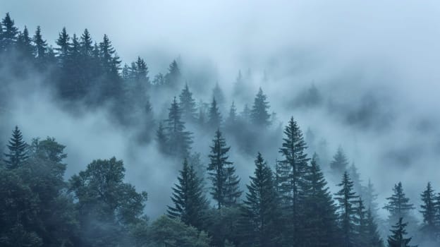 Enveloped pines in mist. Copy space. Created using AI generated technology and image editing software.