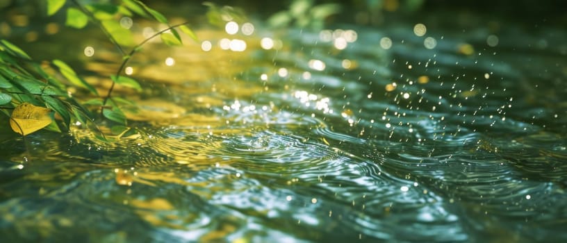 Water ripples with lush green leaves. Created using AI generated technology and image editing software.