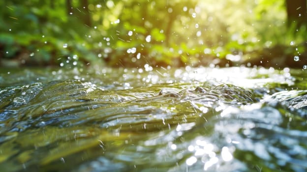 Sunlit water dance amidst vibrant green. Created using AI generated technology and image editing software.