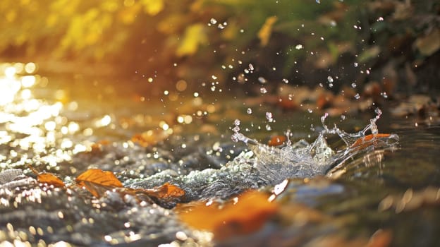 Autumn splendor with water and sunlight. Created using AI generated technology and image editing software.