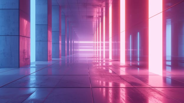 Futuristic neon lit corridor. Created using AI generated technology and image editing software.