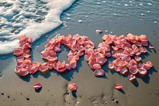 romantic beach of love rose petals on the coastline wide view pragma