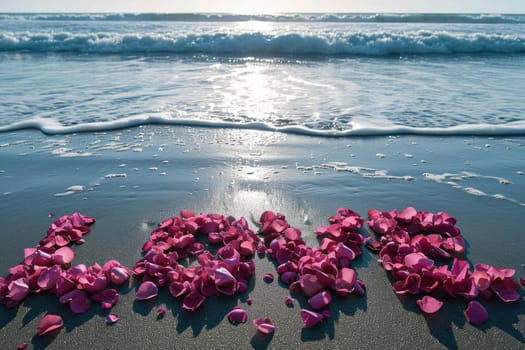 romantic beach of love rose petals on the coastline wide view pragma