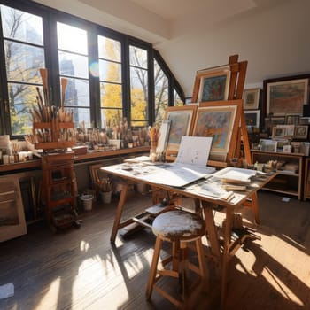 artist workspace with paintings and canvas, big studio with windows, ai generated