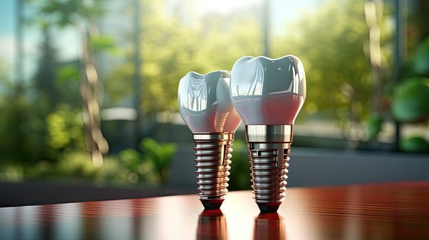 Dentistry, dental implants in 3D. Healthy medicine, molar root restoration, design concept, world oral health day. created by AI