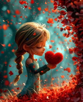 A romantic girl holds in her hands a heart made from many small hearts. AI generated.