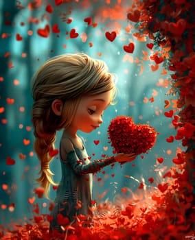 A romantic girl holds in her hands a heart made from many small hearts. AI generated.