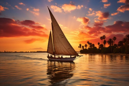 The Nile and sailboat in sunset, pyramids on the background. ai generated