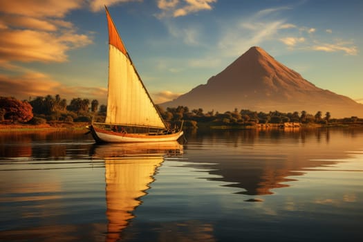 The Nile and sailboat in sunset, pyramids on the background. ai generated