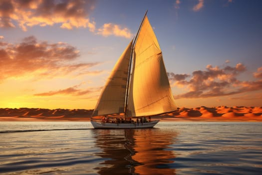 The Nile and sailboat in sunset, pyramids on the background. ai generated