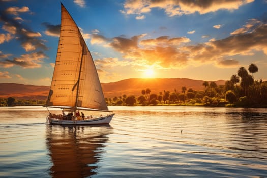 The Nile and sailboat in sunset, pyramids on the background. ai generated