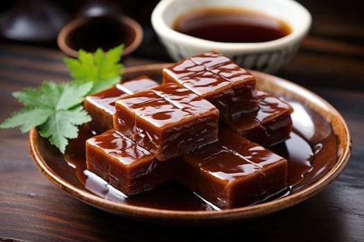 Kuri-yokan, Chestnuts yokan, sweet bean jelly, jelly made from Azuki beans, Japanese wagashi and green tea. ai generated