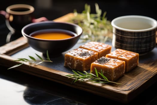 Kuri-yokan, Chestnuts yokan, sweet bean jelly, jelly made from Azuki beans, Japanese wagashi and green tea. ai generated